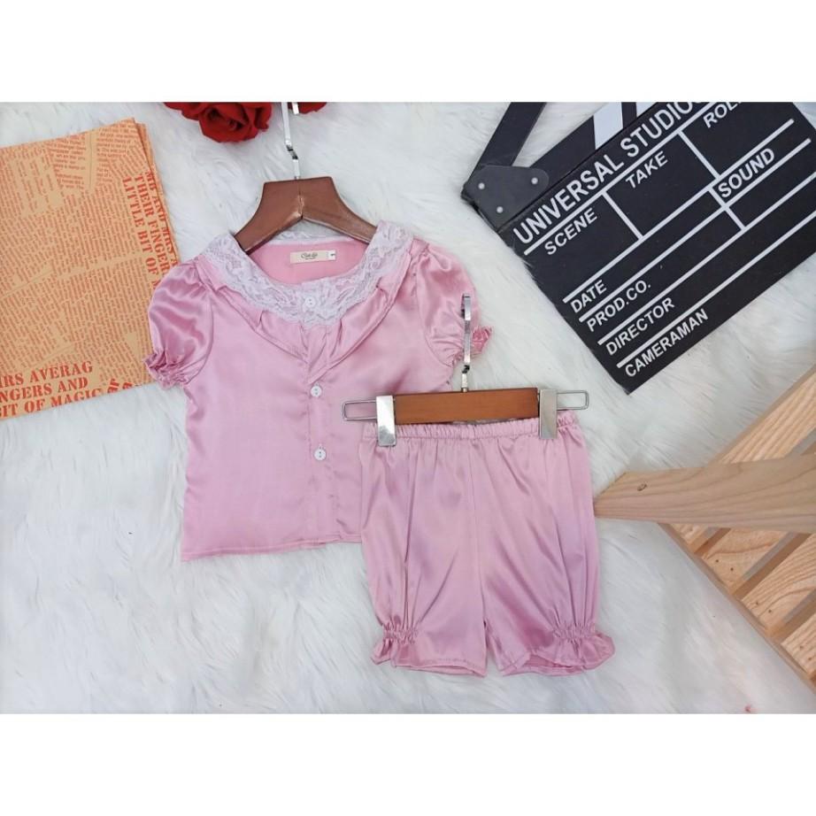 Bộ ngủ Pijama phi lụa cổ ren cho bé gái từ 8kg đến 25kg