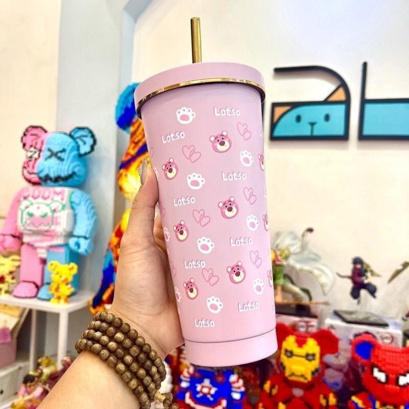 Ly Giữ Nhiệt Gấu Dâu LOTSO 750ML, Bình Giữ Nhiệt Inox 304 Tặng Kèm Ống Hút