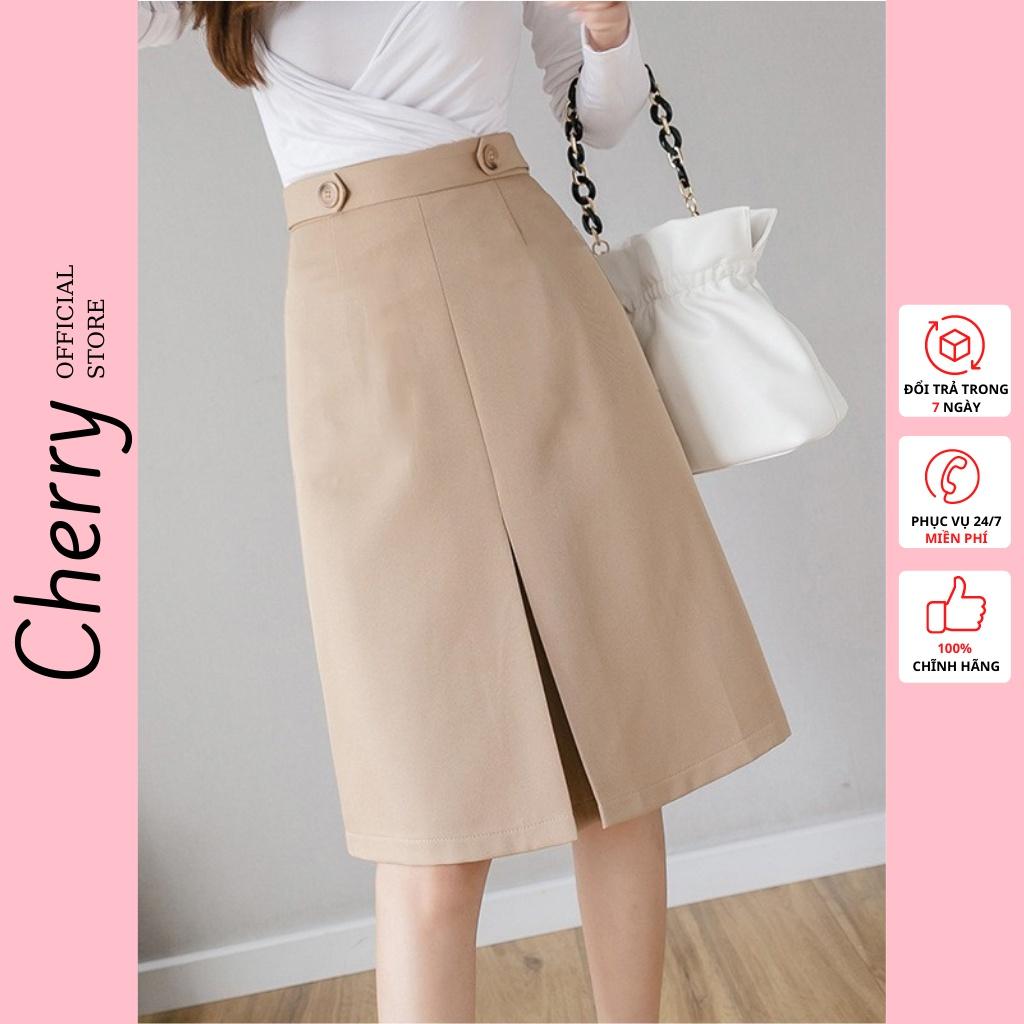 Chân váy dài công sở chữ A xẻ trước ulzzang CHERRY váy công sở dáng dài chữ A kiểu dáng midi thanh lịch CHERRY V057