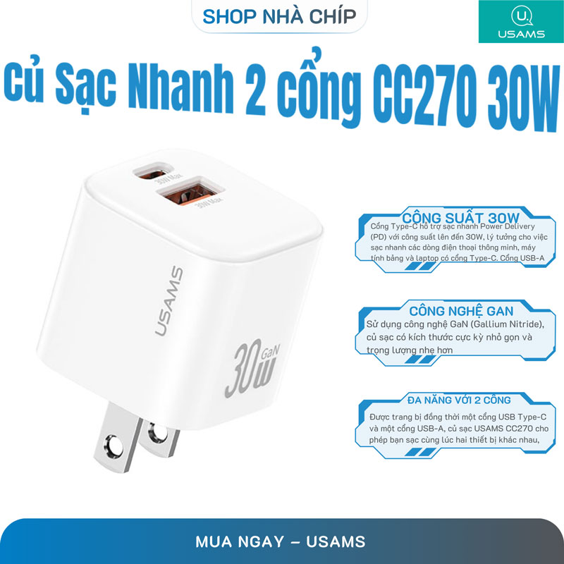 Củ Sạc Nhanh 2 cổng C+A USAMS CC270 30W (GaN Charger) Hàng Chính Hãng