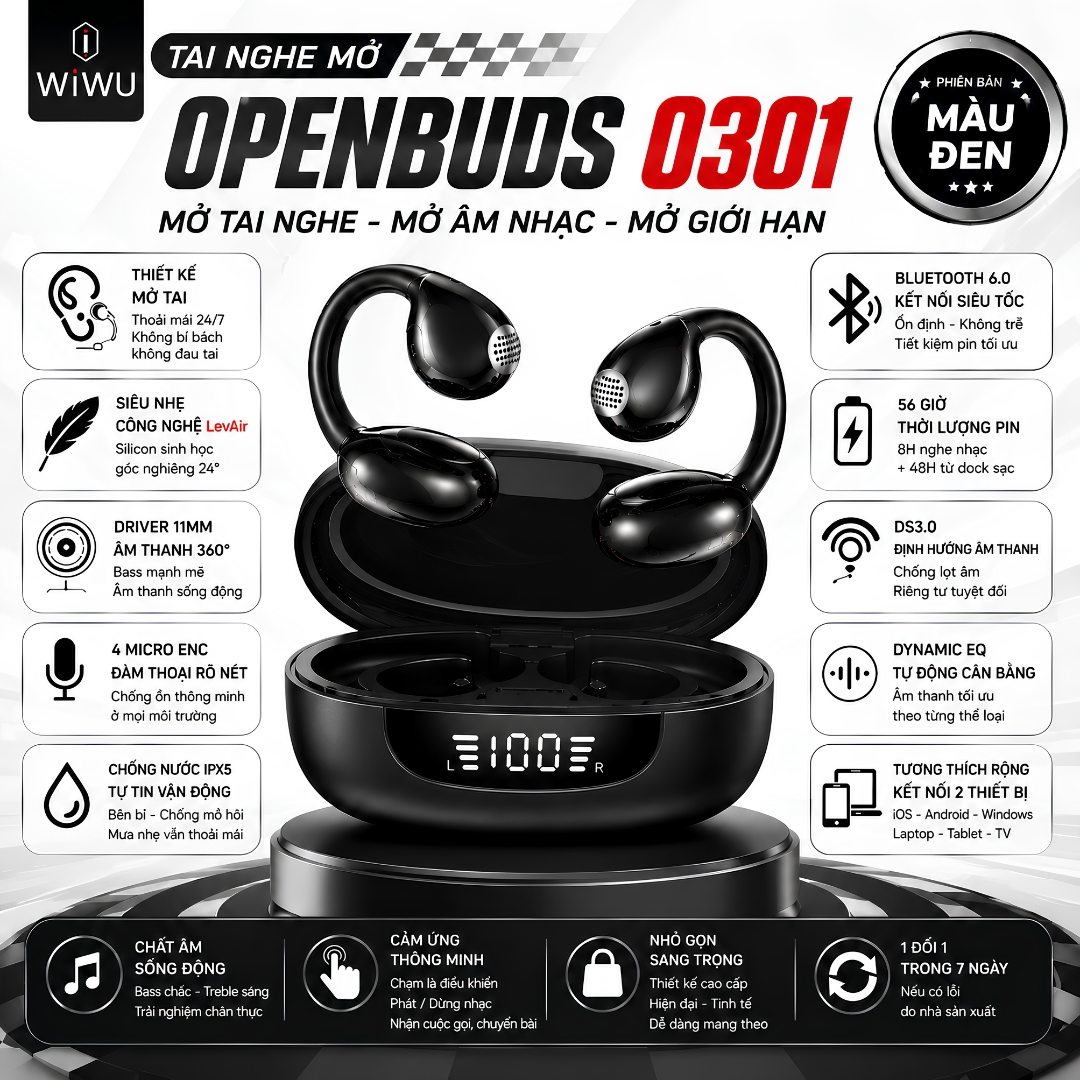 Tai nghe không dây Open-Ear RhythmAir ENC Pro bluetooth 6.0 WIWU OpenBuds O301 - Âm Thanh 360° Driver 11mm - 4 Mic ENC - Pin 56 Giờ - Chống Lọt Âm DS3.0 - Chống Nước IPX5 - Hàng nhập khẩu