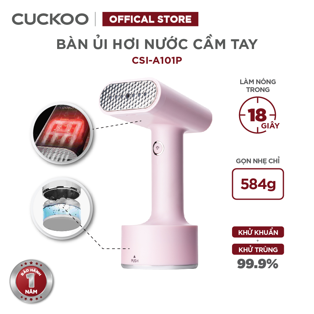 Bàn ủi hơi nước cầm tay Cuckoo CSI-A101 - 1500W khử khuẩn có đầu chải vải, trọng lượng siêu nhẹ - Hàng chính hãng