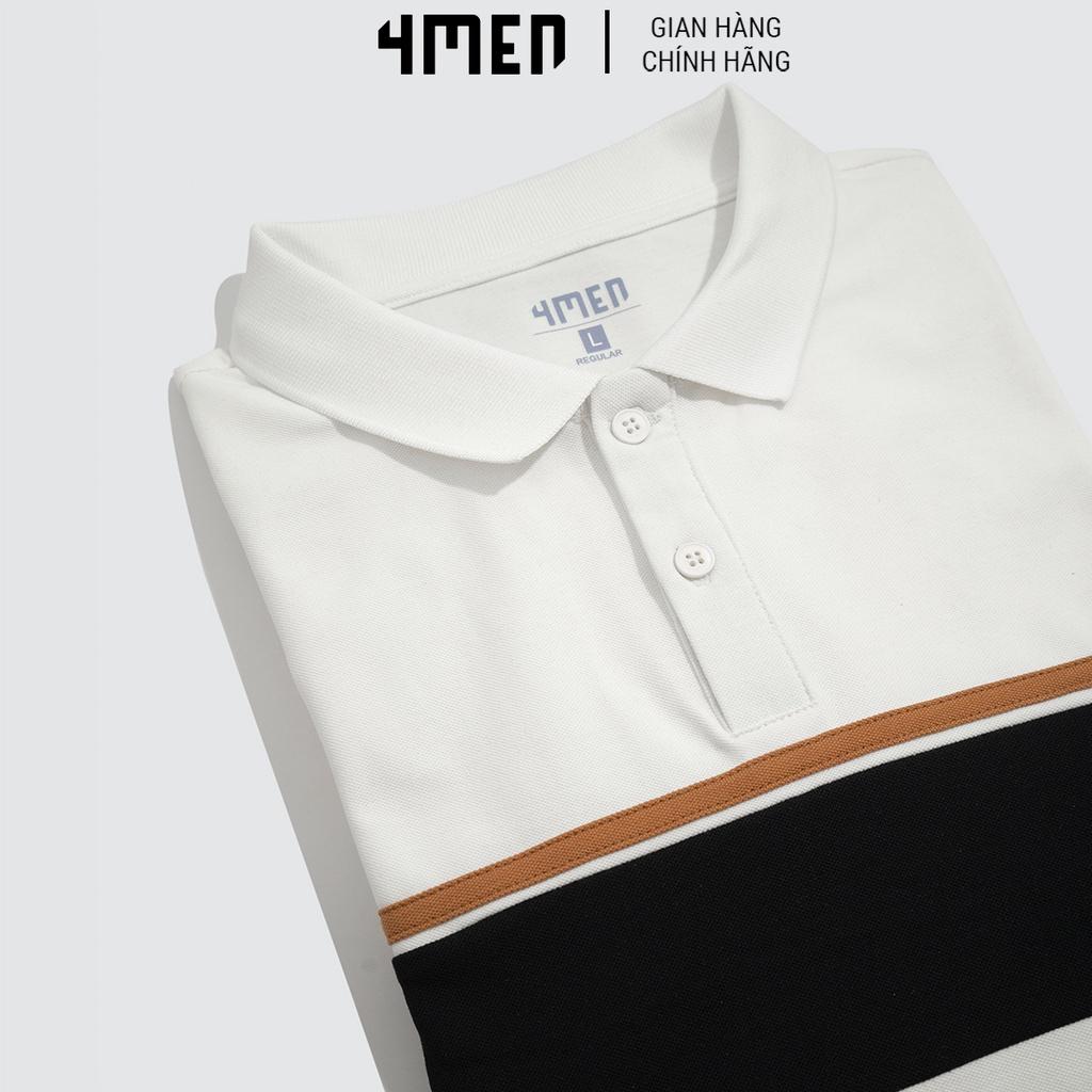 Áo thun polo nam có cổ đẹp 4MEN PO044 cổ trụ bẻ, vải cá sấu cotton cao cấp, phối màu kẻ ngang, chính hãng hàng hiệu