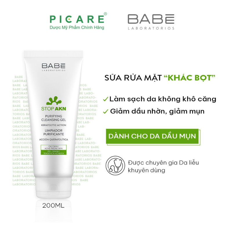 Sữa Rửa Mặt Babé Stop Akn Purifying Cleansing Gel Cho Da Dầu Mụn 200ml