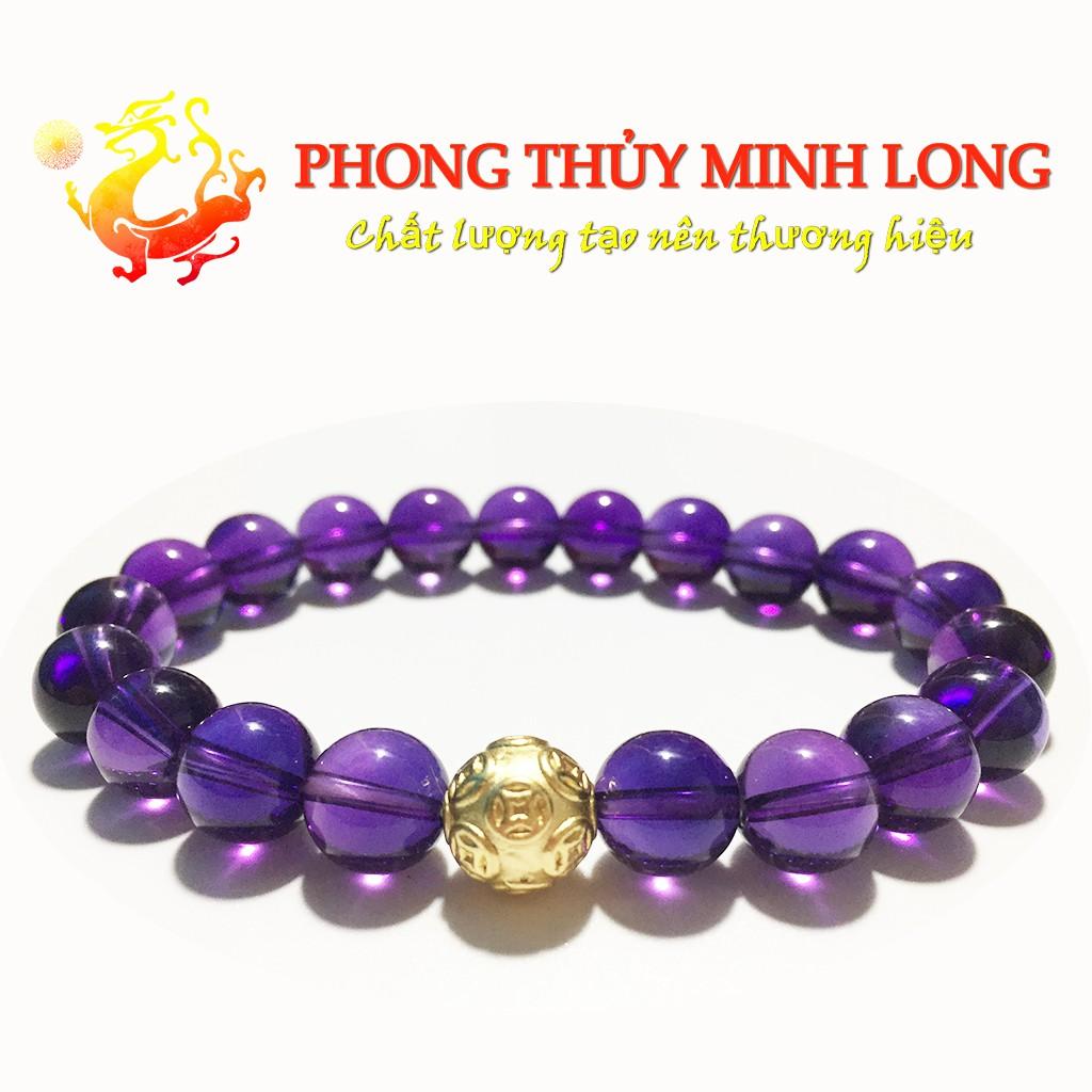 Vòng tay đá. thach anh Tím chất lượng 5A mix 1 Hạt Kim Tiền Vàng hợp mệnh Hỏa và Thổ