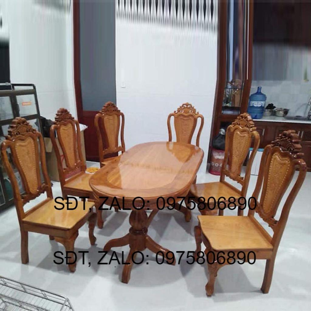 bộ Bàn ăn căm xe mặt gõ hình oval , bàn ăn bằng gỗ 6 ghế