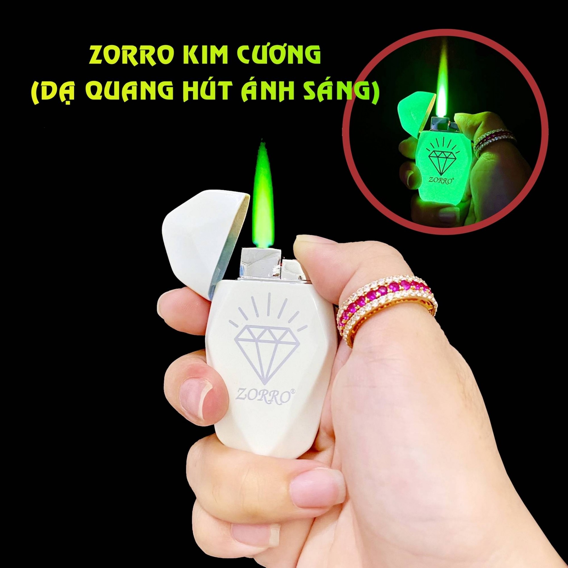 Hột quẹt bật lửa khè kim cương dạ quang hút ánh sáng - xài gas