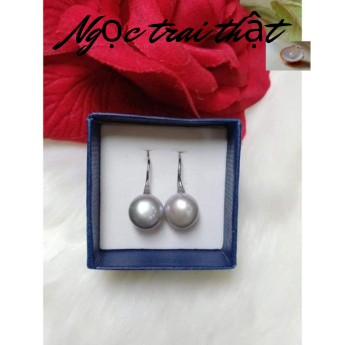Hoa Tai  Ngọc Trai Thật Kiểu Móc Màu Xám