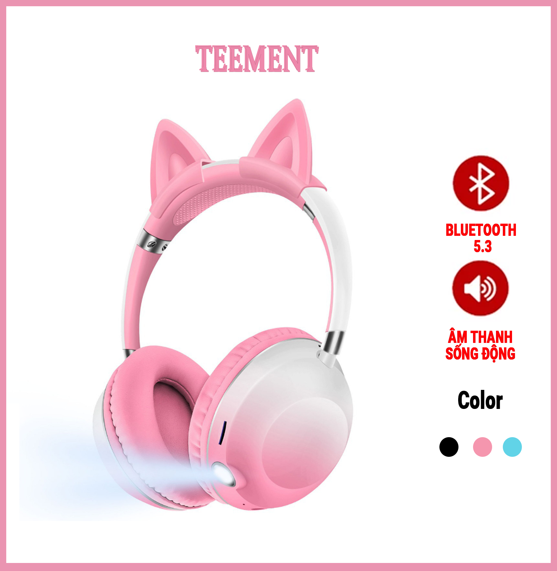 Tai Nghe Bluetooth Tai Mèo Cao Cấp Teement, Có Đèn Pin Tiện Lợi, Tai Nghe Không Dây, Tai Nghe Chụp Tai, Có Đèn Led Nghe Nhạc Chơi Game Đàm Thoại Dùng Được Cho Điện Thoại, Laptop, Máy Tính Tai Nghe Mèo Có Mic Hỗ Trợ Điều Chỉnh Âm Lượng - Hàng Chính Hãng