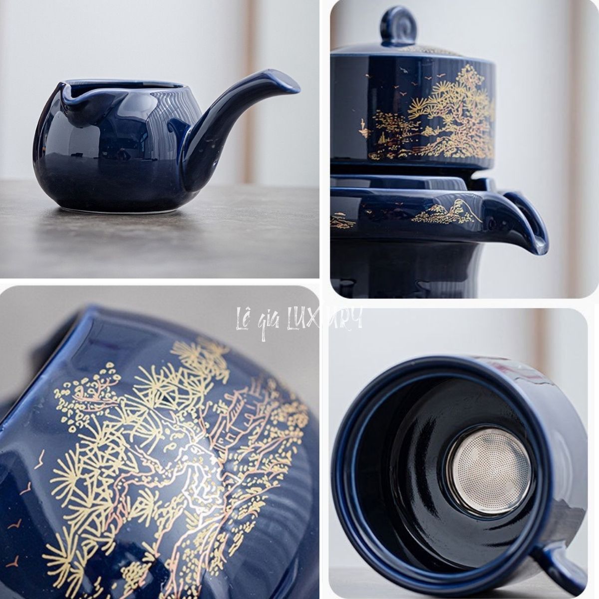 Bộ ấm chén pha trà Cối Xay Xanh Lam - Hàng cao cấp họa tiết vẽ Vàng (bao gồm Hộp Quà+ túi xách đi kèm), Bộ ấm chén trà đạo cao cấp