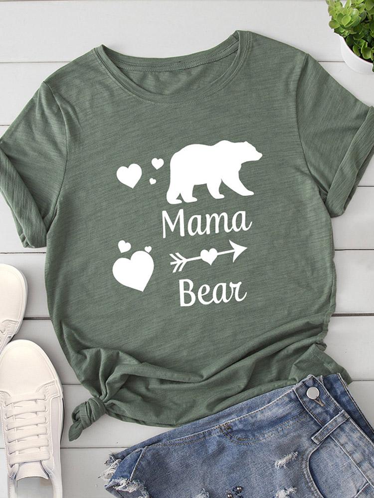 Women Cotton T-Shirt Heart Polar Bear Letter Print O-neck Roll Up Sleeve Shirt Loose Casual Tops for Birthday Mother’s