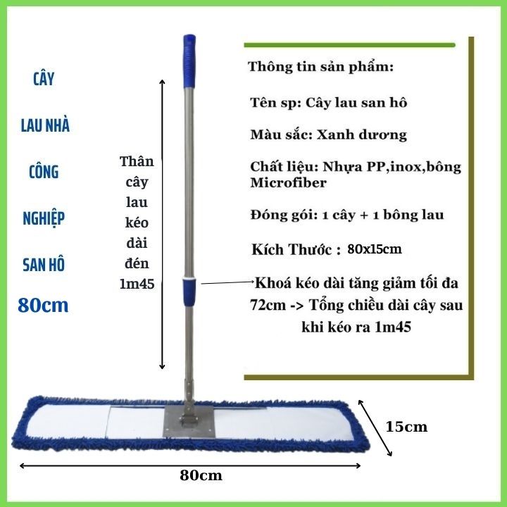 Cây lau nhà công nghiệp 80cm cây lau bẹ san hô sợi microfiber siêu sạch lau trường học bệnh viện toà nhà khu công nghiệp