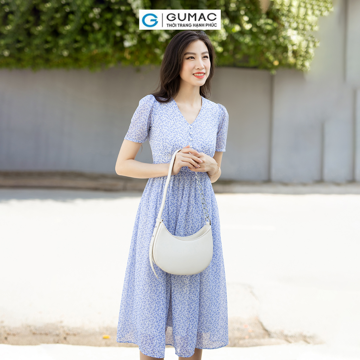 Đầm xòe voan hoa nhí xếp ly cột dây nơ nữ tính thanh lịch thời trang GUMAC DD07030