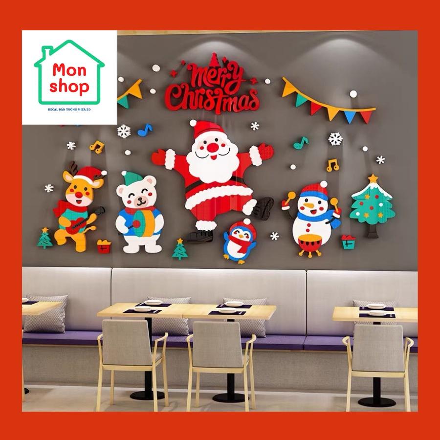 Decal dán tường trang trí Giáng Sinh hình ông già Noel cùng chú tuần lộc, người Tuyết, trang trí cửa kính cửa hàng