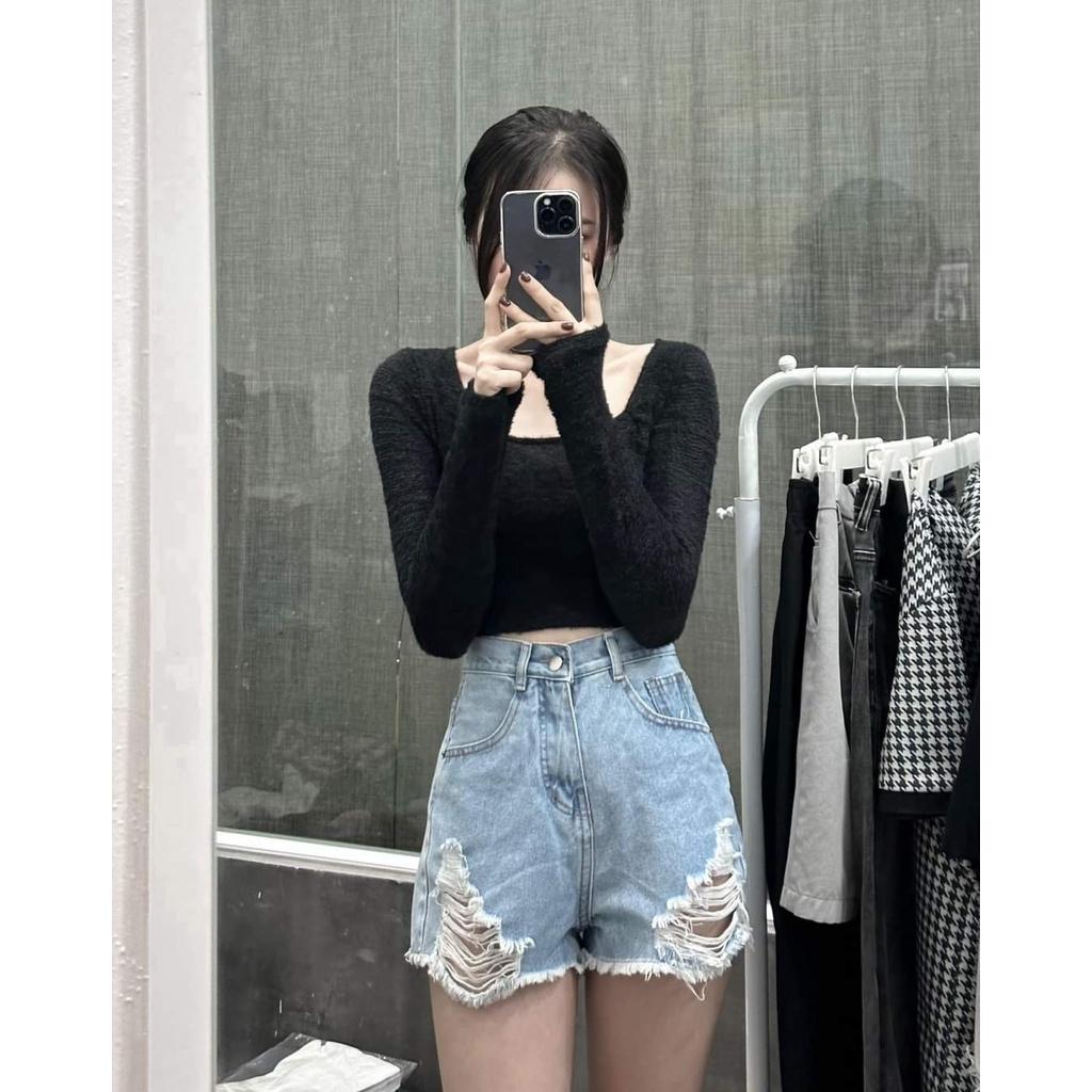 Áo Croptop Tay Dài Ôm Body Cổ Tròn Và Cổ Vuông Chất Liệu Lông Mềm Quyến Rũ - AO089