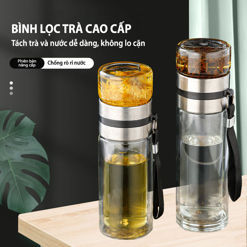 Bình Thủy Tinh Giữ Nhiệt Pha Trà 2 Lớp Cách Nhiệt Có Lõi Lọc Inox 304 Size To 470ml