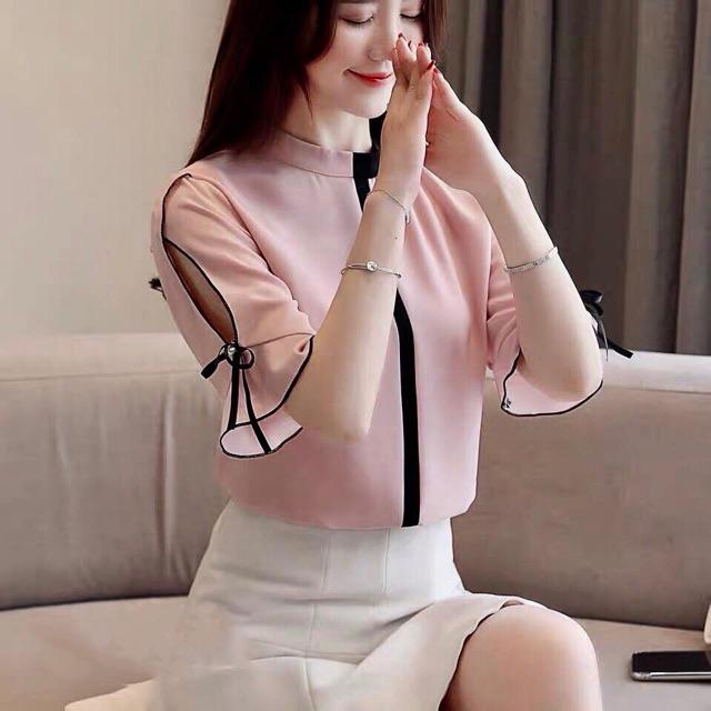 Áo sơ mi cổ tròn phối đen tay lỡ cánh tiên SMCC20