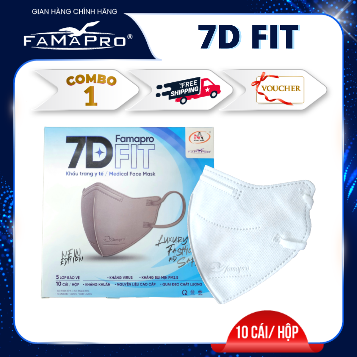 Famapro - 7D Fit Khẩu Trang Y Tế 5 Lớp Kháng Khuẩn Cao Cấp Famapro 7D Fit 10 Cáihộp - Combo 10 Hộp - Trắng