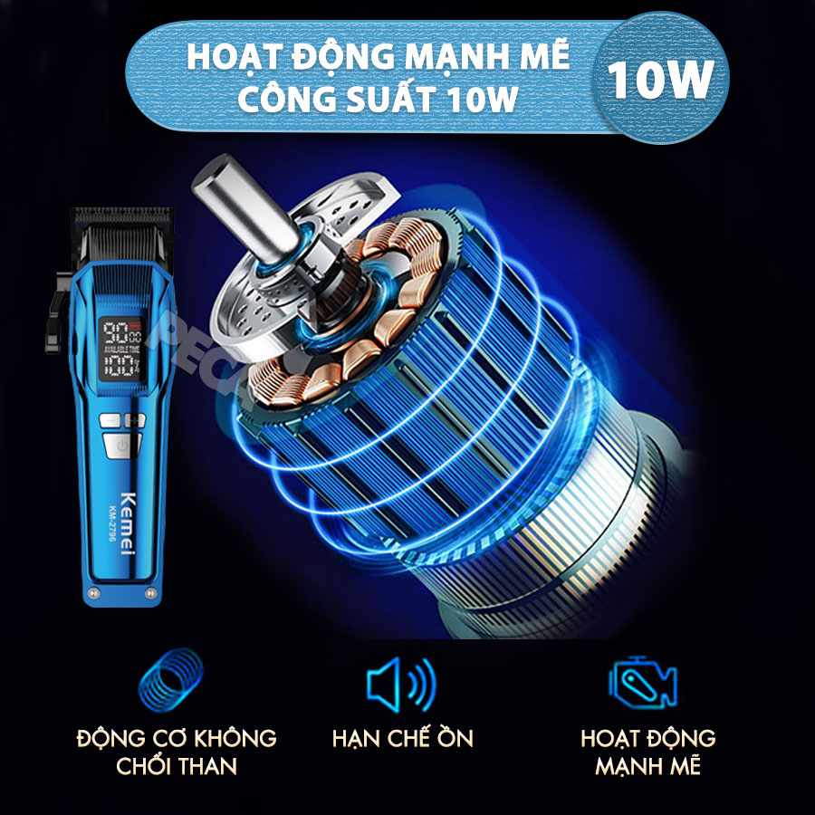 Tông đơ cắt tóc chuyên nghiệp Kemei KM-2796 lưỡi cắt mạ carbon DLC cao cấp có động cơ không chổi than màn hình LCD hiển thị công suất 10W - Tặng kèm lưỡi thay - Chính hãng
