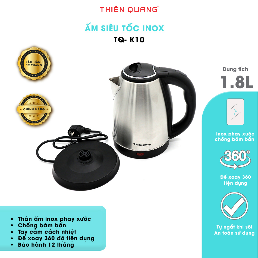 Bình Đun, Ấm đun siêu tốc cao cấp Thiên Quang 1.8L inox phay xước công suất cao 1500W - Hàng Chính Hãng