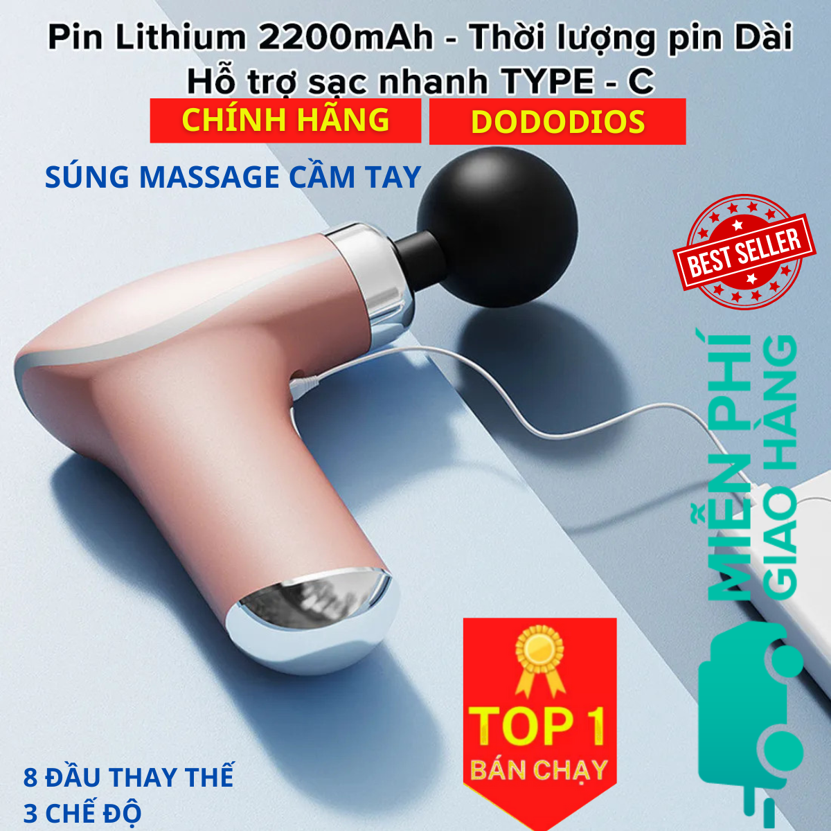 Máy Massage Cầm Tay Toàn Thân 3 Cấp Độ, 8 Đầu Thay Thế dododios - Chuyên Sâu Vai Lưng, Giảm Đau Cơ - Hàng Chính Hãng dododios