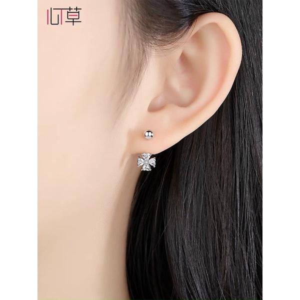 Bông tai ren vặn cỏ bốn lá nạm đá bạc ta,Khuyên tai bạc ta cỏ bốn lá chốt ren vặn-Minh Tâm Jewelry