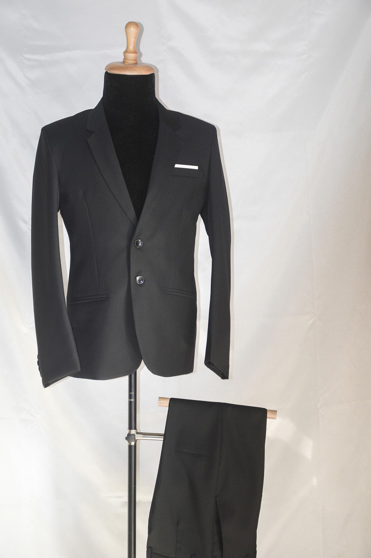Bộ vest nam 2 nút màu đen mềm mịn tặng cà vạt kẹp