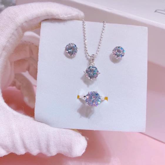 Bộ vòng cổ khuyên tai nhẫn bạc gắn đá