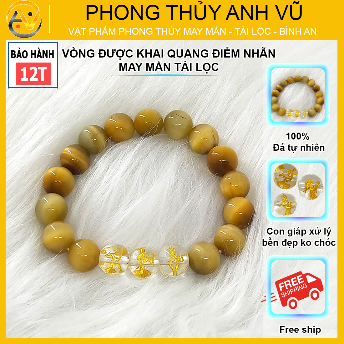 Vòng tay mắt hổ vàng nâu tam hợp dần ngọ tuất - size 8 10 12ly cho người mệnh thổ, mệnh kim - may mắn tài lộc - có khai quang điểm nhãn - PHONG THỦY ANH VŨ