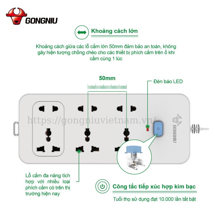Ổ Cắm Điện Gongniu 6 Ổ Đa Năng 1 Công Tắc – Công Suất 10A/250/2500W – Trắng – Hàng Chính Hãng