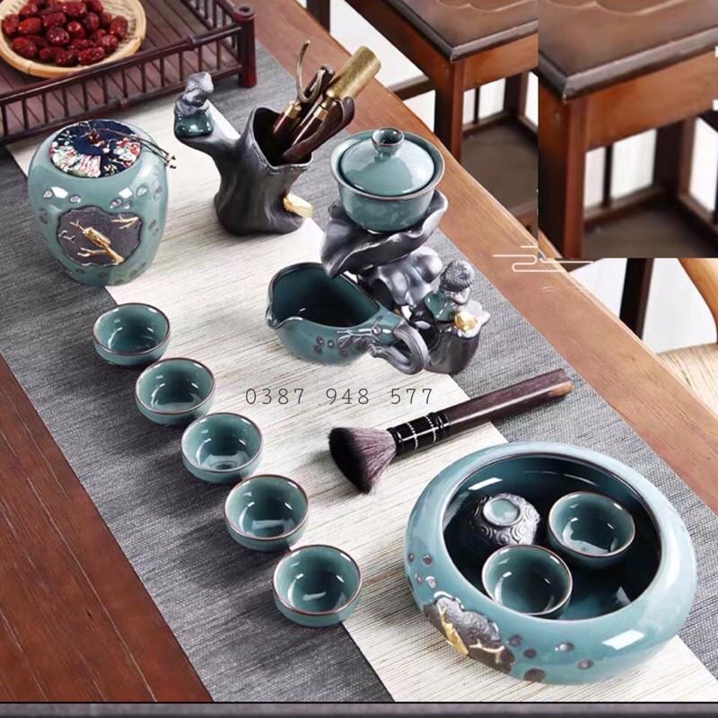Bộ ấm chén pha trà đẹp cối xayTử sa gốm sứ cao cấp, 18 chi tiết chú tiểu màu xanh-M04