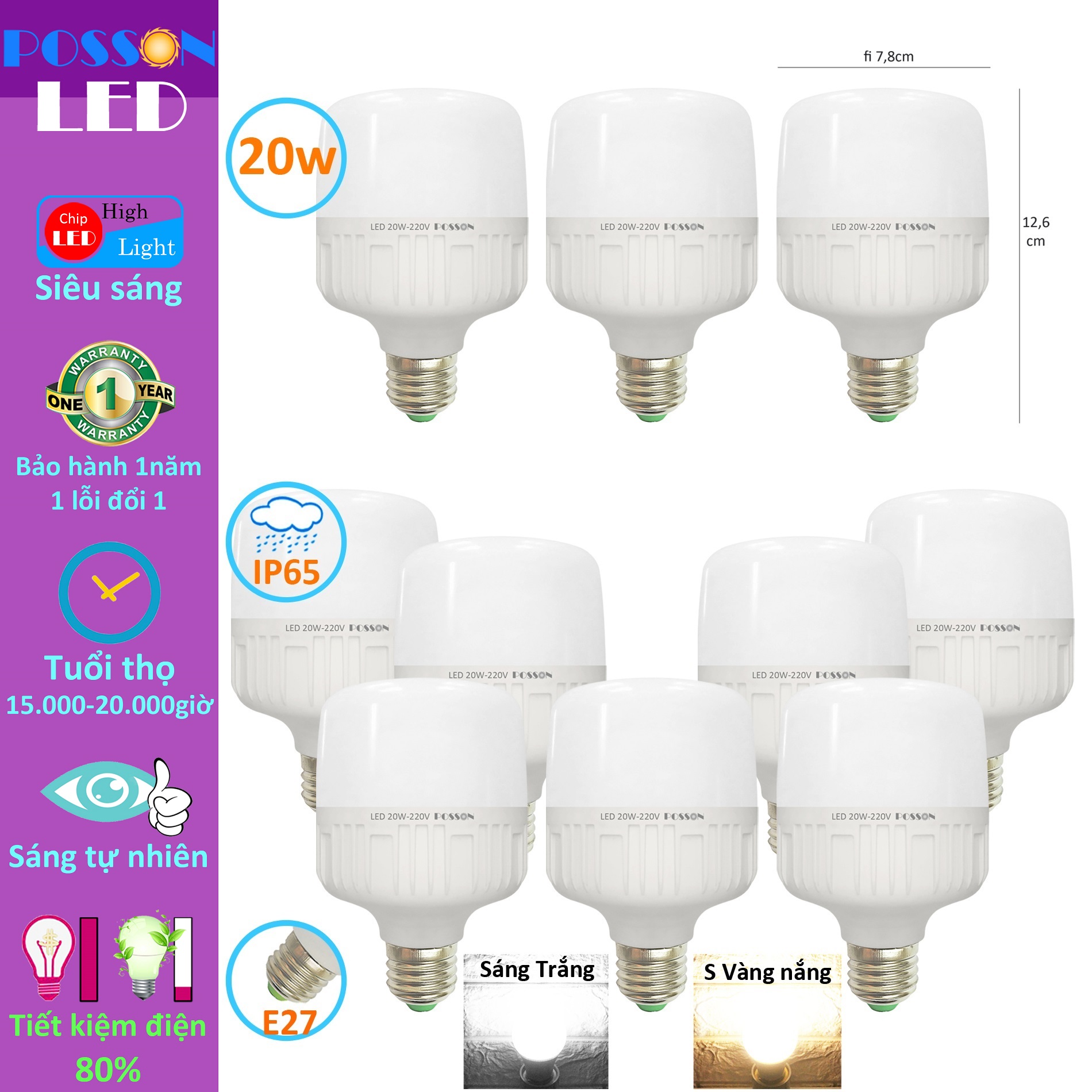 Sỉ 50 Bóng đèn Led trụ 20w bup trụ T80 bulb siêu sáng tiết kiệm điện kín chống nước mưa Posson LC-20x