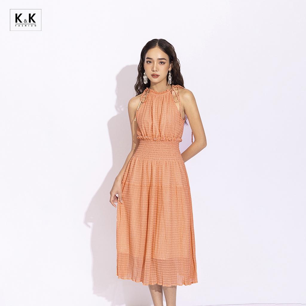 Đầm dáng dài cổ yếm eo bo chun K&amp;K Fashion KK150-13 Chất Liệu Voan Mắc Chỉ Dập Nhúng