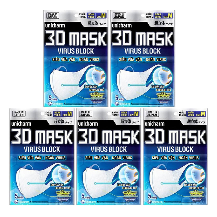 Bộ 5 Gói Khẩu Trang Ngăn Virút Unicharm 3D Mask Virus Block (5 Cái / Gói)