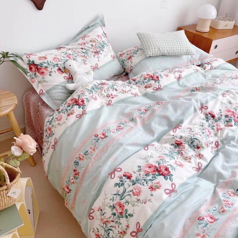 Set Cotton LiVing100%cotton Nhập Khẩu Cao Cấp Mẫu Mới về 4 Món Hoa nhí Xanh Vintage