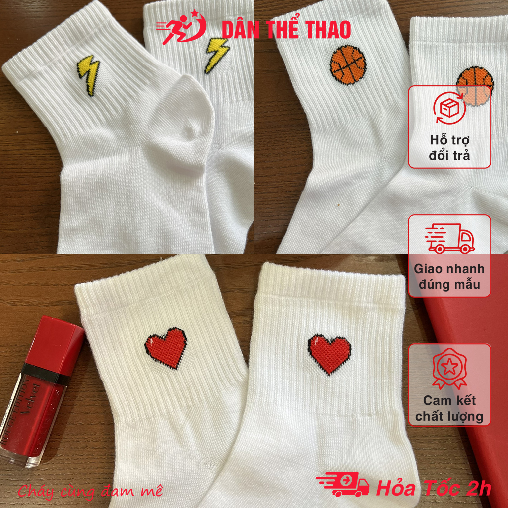 Tất cotton trắng họa tiết trái tim, tia chớp, quả bóng Vớ dệt kim unisex hàng loại đẹp