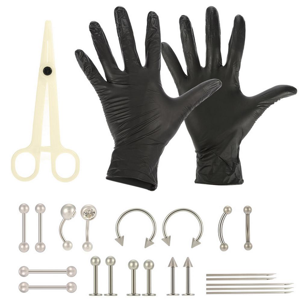 21pcs Body Piercing Jewelry Kit Stainless Steel Body Art Tools for Nose Tragus Belly Tongue Lip Needles Piercing Bar
