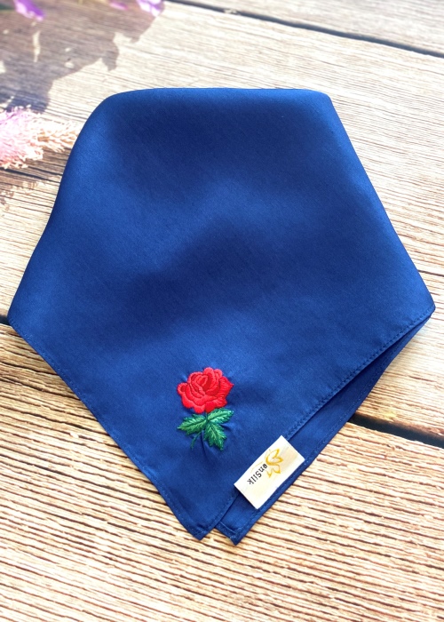 Khăn Tay Thêu Hoa Hồng SenSilk (Xanh) - Rose Hand-Embroidered Silk Handkerchief