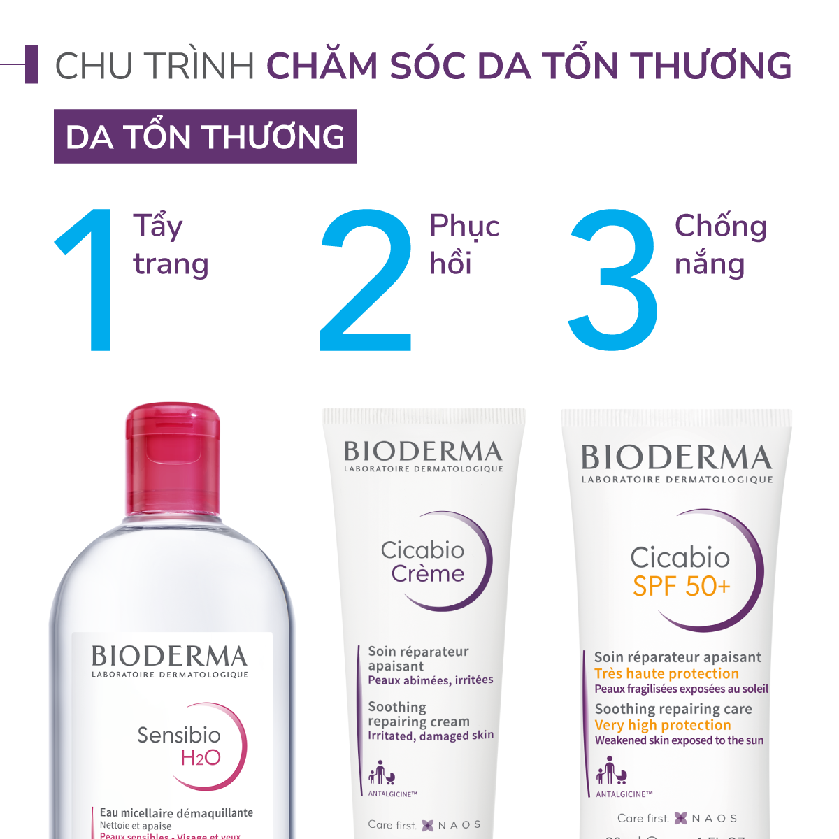Bộ Sản Phẩm Làm Sạch Và Phục Hồi Da Tổn Thương Bioderma Cicabio 40ml và Nước Tẩy Trang Bioderma Sensibio H20 100ml