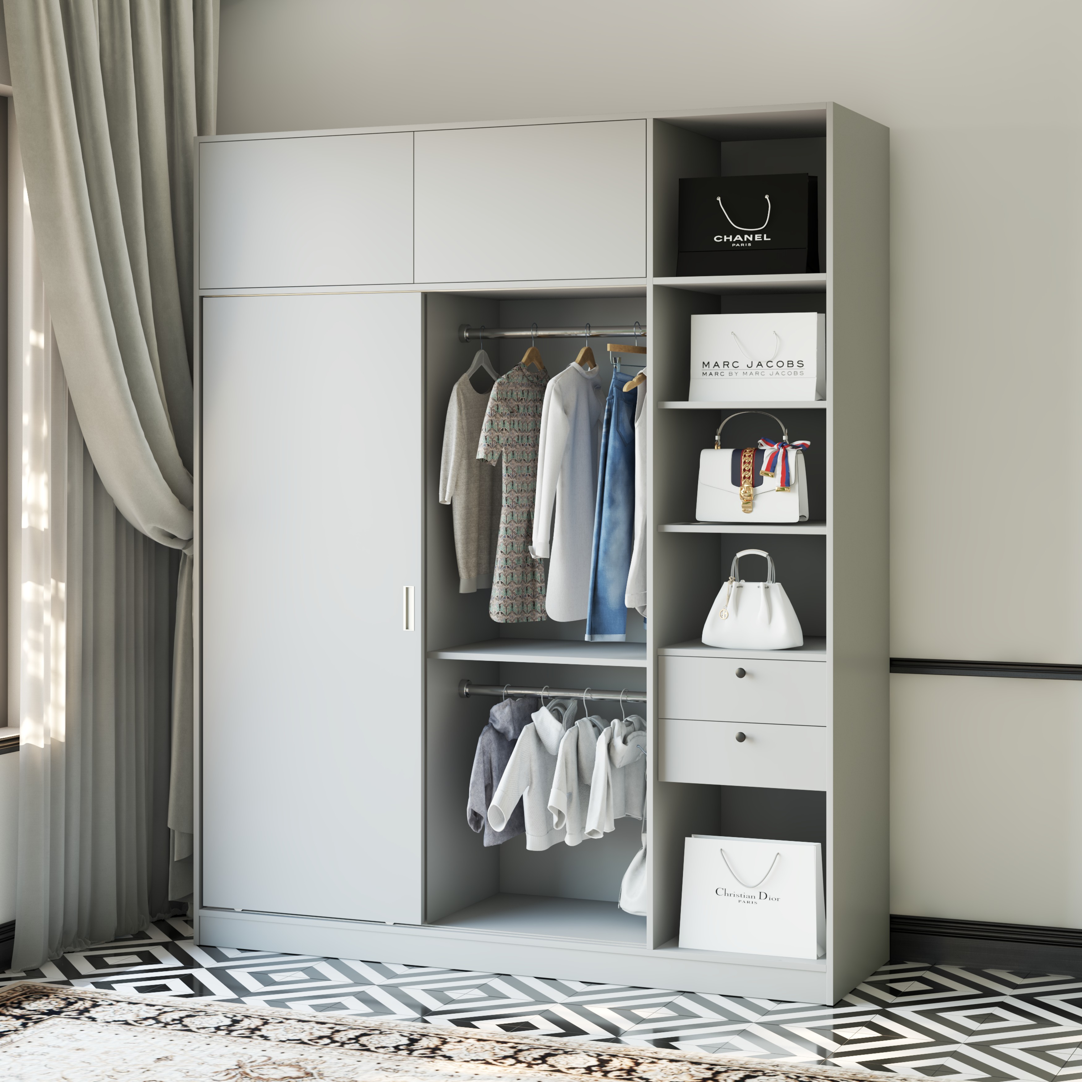 ELEGANT, Tủ quần áo cửa lùa 1m8x2m2 , 180cm x 54cm x 220cm , TCL_006