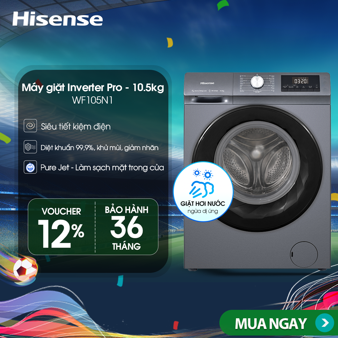 Máy giặt Hisense Inverter Pro 10.5 kg WF105N1 Giặt hơi nước diệt khuẩn, bảo hành 3 năm - HÀNG CHÍNH HÃNG