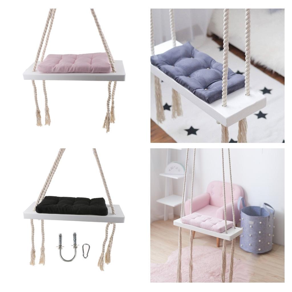 Hanging Rope Wooden Swing with Sponge Cushion Kids Outdoor Indoor Swing Pink Pad