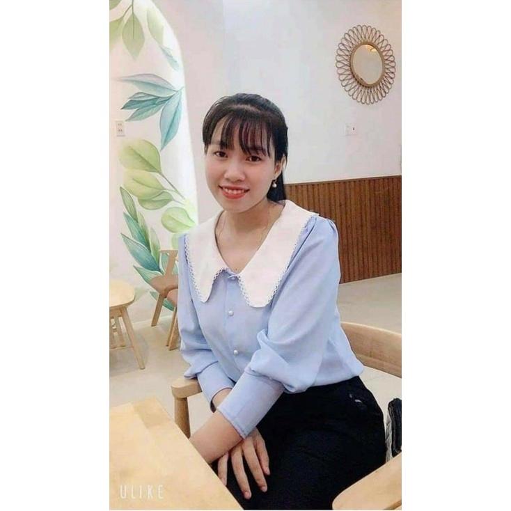 Áo sơ mi nữ công sở thời trang SURI thiết kế sang trọng,áo xanh cổ trắng có viền ren rất hiên đại.