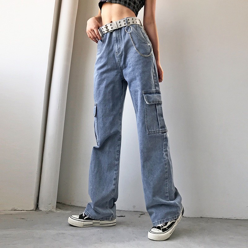 Quần Baggy Jean Nữ Ống Suông Túi Hộp Hai Bên