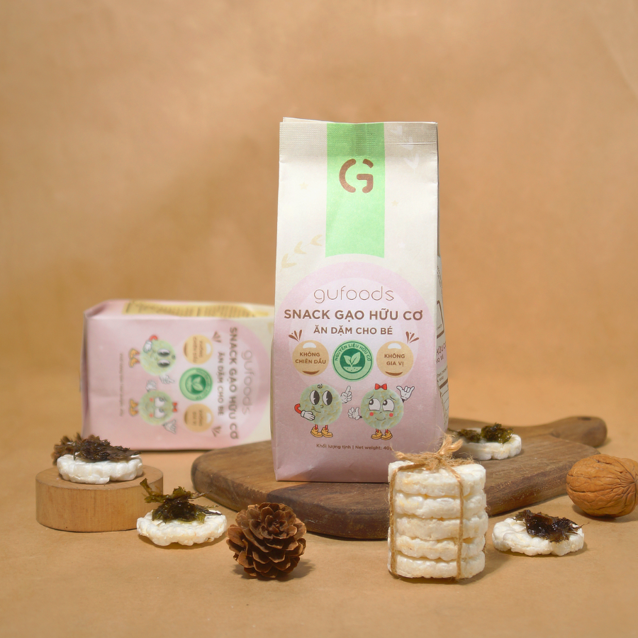 Bánh snack ăn dặm hữu cơ cho bé GUfoods - Thành phần gạo organic, Không gia vị, Dễ Tiêu hoá, Phù hợp cho bé từ 1 tuổi