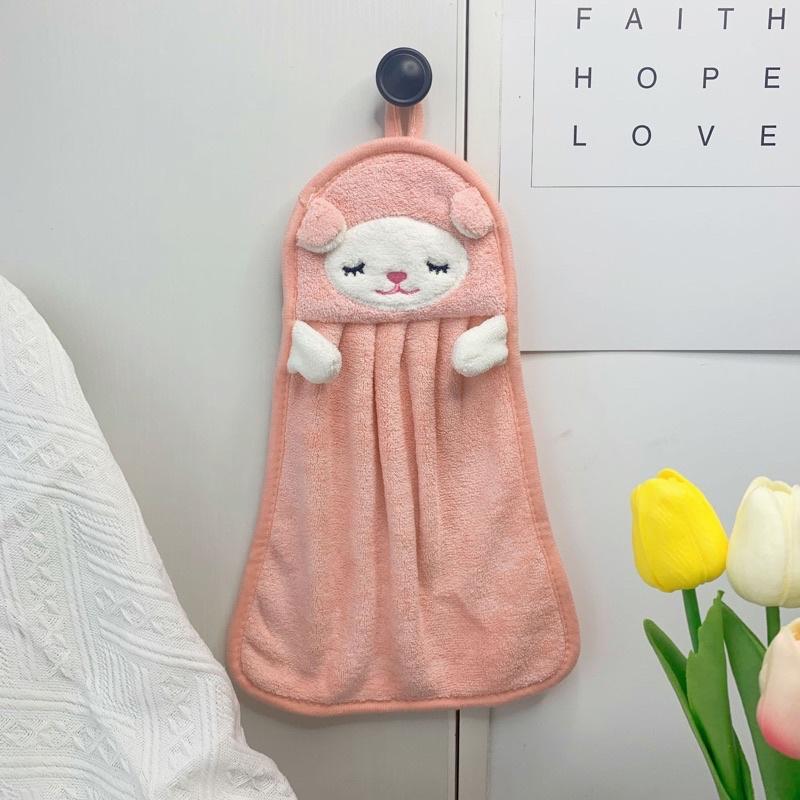 Khăn lau tay nhà bếp vải lông cừu có quai treo thêu hoạ tiết hình thú hoạt hình đáng yêu siêu mềm mại và thấm hút tốt