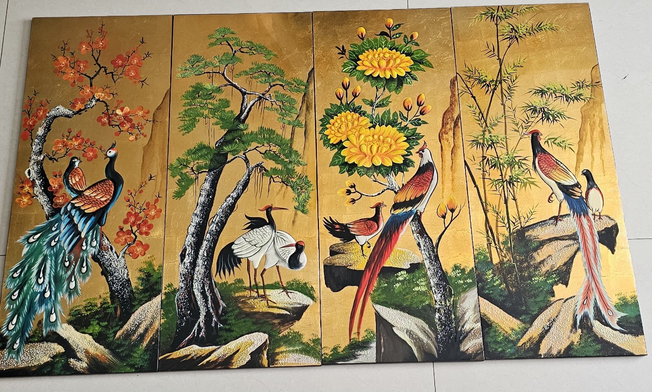 Tranh sơn mài bộ 4 tấm Mai Tùng Cúc Trúc vẽ kết hợp đắp nổi cao cấp 70x110 cm