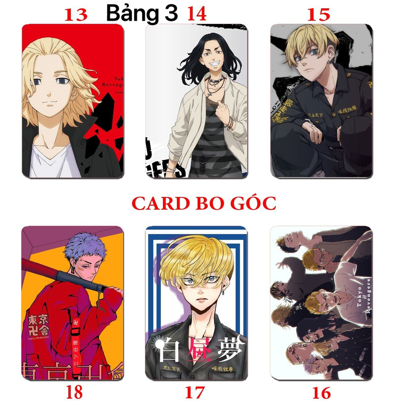 Card bo góc Tokyo Revengers 6 ảnh khác nhau/ Thẻ card kịch trường Takemiki Tokyo Revengers