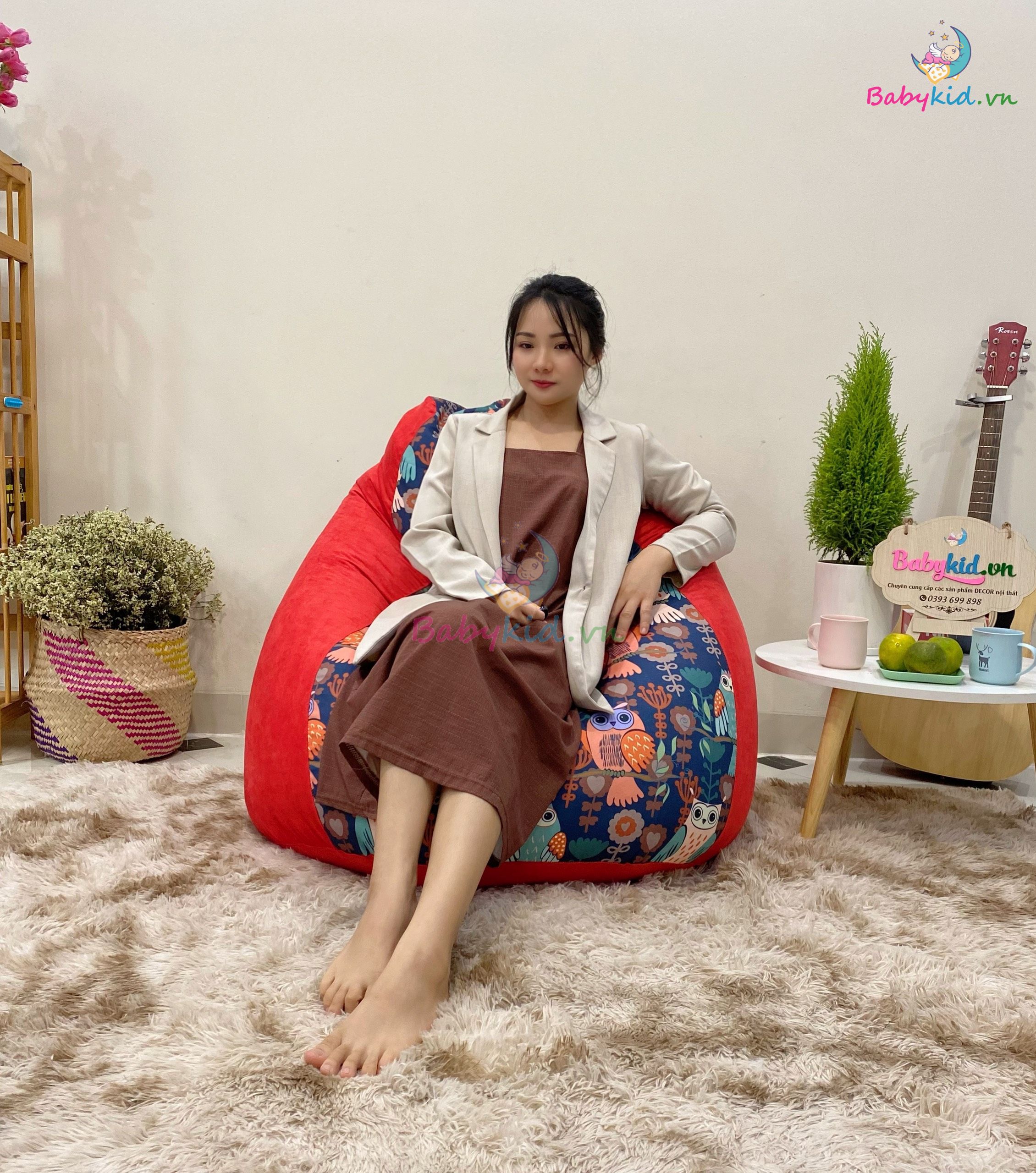 Ghế xốp dáng lê size L 90x120cm hoạ tiết cú mèo mix DA LỘN nhiều màu - có sẵn xốp
