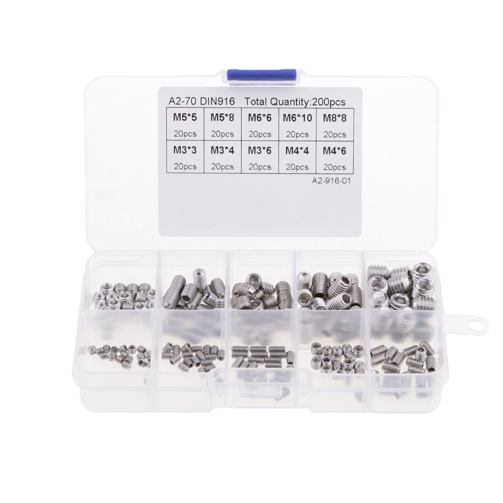 New 200pcs Stainless Steel Head Socket Hex Set Grub Screw Assortment Kit M3-M8